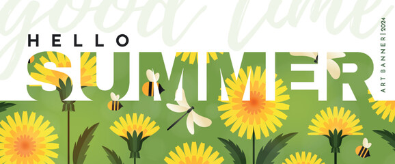 Hello summer. Banner with dandelions. Bright yellow dandelions,cute bees and a dragonfly. Summer illustration for banner, poster, advertising or flyer.