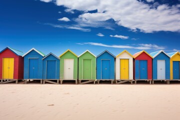Row of vibrant beach cabins under a clear blue sky, representing leisure and summer vacations