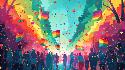 Pride Parade Extravaganza: Revelers March with Rainbow Flags and Vibrant Costumes   Flat Design Icon Illustration