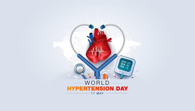 Happy World Hypertension Day. Medical technology with stethoscope and blood pressure prevention background.