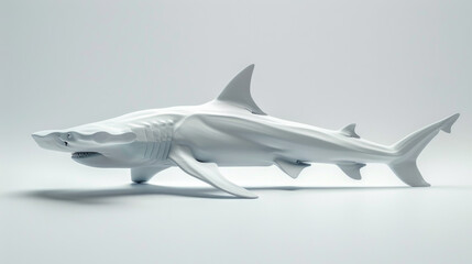 Artistic depiction of a white sculptural shark, isolated on a white background, emphasizing modern design.