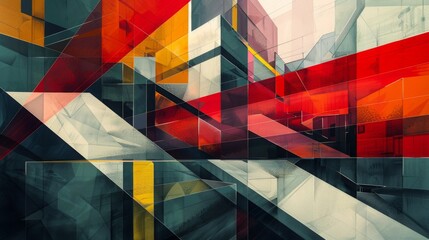 Vibrant geometric shapes in red, yellow, and grey colors form a dynamic mural.