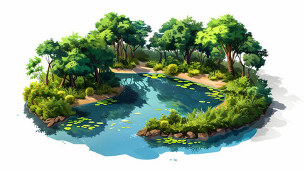 Tranquil Rainforest River Reflections: Calm Waters Reflecting Intricate Web of Life in Isometric Scene   Flat Design Icon Concept