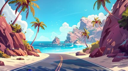 Modern illustration of summer landscape of sea beach and car road, showing trip with empty highway to ocean coast with palm trees and rocks.