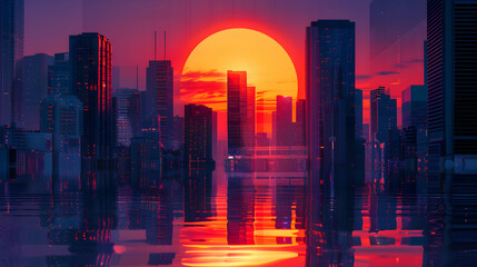 Skyscraper Sunset Reflections: Flat Icon Design Illustrating the City Skyline Turning into a Canvas of Oranges and Purples
