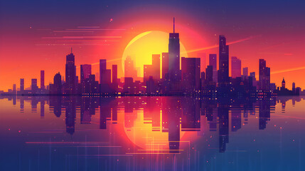City Skyscrapers Sunset Reflections: Orange and Purple Flat Design Icon Depicting Sunset Reflection off Glass Skyscrapers, City Skyline Canvas in Flat Illustration Style