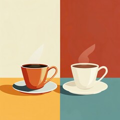 Obraz premium Two ceramic cups of coffee on saucers, one orange and one white, against a split background of yellow and red.