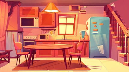 Old furniture in a poor kitchen. Modern cartoon illustration of dining room in cottage. We see an empty wood table and chairs on carpet, a fridge and electric oven, a stairway, and a window with a