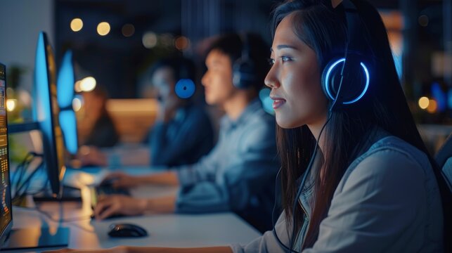 Women and Men Working on Computers in the Office. Front row, a female biracial helpdesk coordinator, a male Asian customer service agent and a female Asian customer service representative are seen.