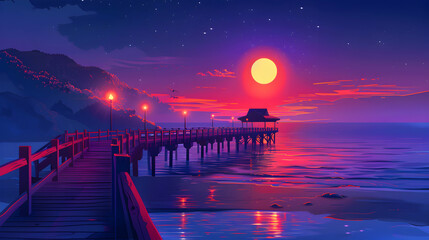 Twilight Serenity at the Pier: Serene Sunset Glow Over Old Pier Reflecting Peaceful Reflections   Flat Design Illustration
