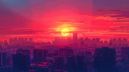 Urban Rooftop Sunset: Cityscape View at Dusk   Flat Design Icon Showing Fading Sun on City Background   Adobe Stock Flat Illustration