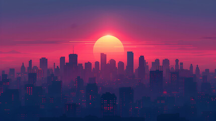 Urban Rooftop Sunset: Cityscape View with Fading Sun   Flat Design Icon Illustration