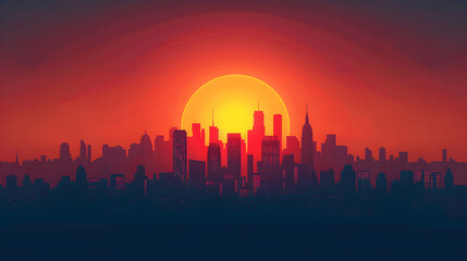 Urban Sunset Drama: Fiery Skyline Illuminated with Orange Glow   Flat Design Icon