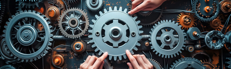 Men hands connecting cog wheels on the table indoors. Concept of the teamwork and cooperation in business.