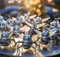 a group of small flys robot figurines are on a table.