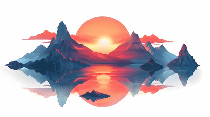 In isometric scene, Simple flat design icon "Volcanic Sunset Reflections" showcases the setting sun casting vibrant hues over a volcanic lake, reflecting the fiery sky in its still