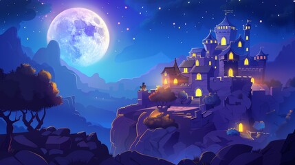 Fototapeta premium A medieval castle against a mountainous landscape at night. Cartoon illustrated illustration of a fairytale kingdom with golden windows and a glowing full moon in a starry sky in a nighttime setting.