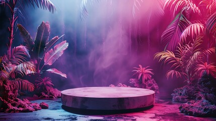 Neon jungle with fluorescent plants and ethereal lighting, for an exotic product presentation on a natural stone podium