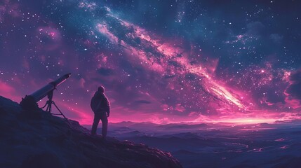 Fototapeta premium Represent a scientist observing a comet through a powerful telescope, capturing the moment it splits into fragments
