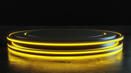 Neon yellow podium on a reflective black surface with radial neon lines emanating outward, creating a highimpact visual for sporty products