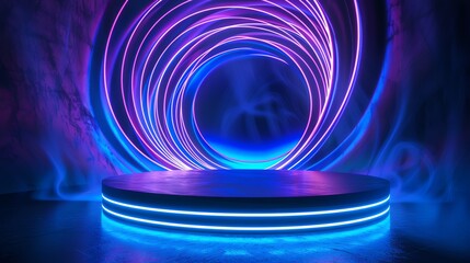 Radiant neon cyan podium with swirling vortex patterns in neon lights behind, ideal for drawing attention to innovative and creative artworks