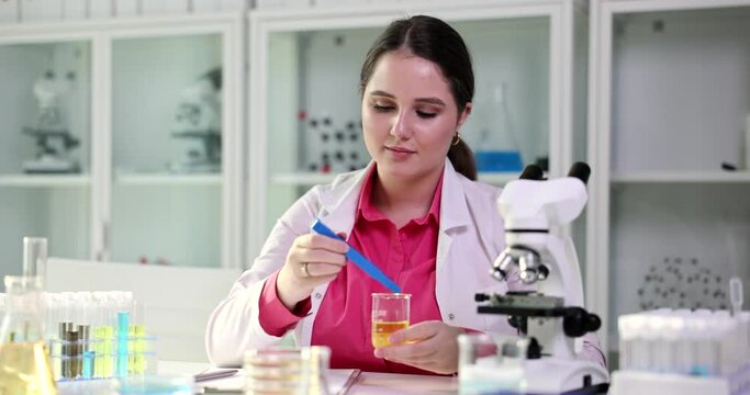 Doctor tests urine for infections and various substances. Scientist examining urine or oil in lab
