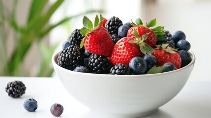 bowl of fresh berries, strawberries, blueberries, blackberries with white bright kitchen background