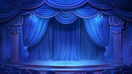 An opera curtain with a round spotlight on stage. Realistic modern background for a movie ceremony or opera performance. Cinema or announcement concept with a waved fabric with light.