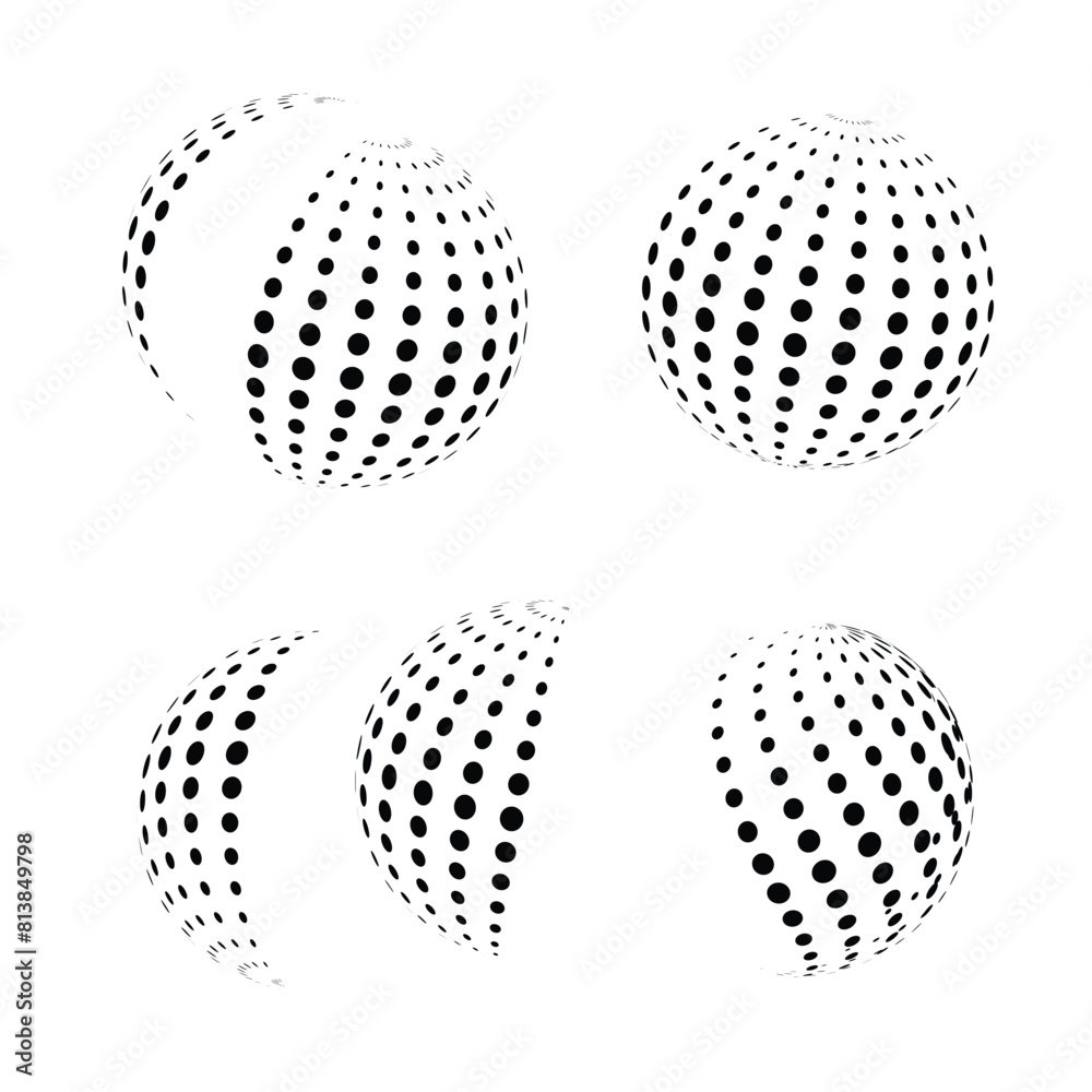 Poster Set of halftone circle 3d spheres. doted circle element,cosmetic. half Globe icon using circle line raster texture,half dot circle, half globe,3d doted circle