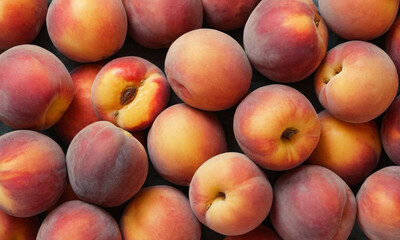 Ripe peaches. Each peach exhibits a mix of vibrant orange and red hues indicating ripeness, with the skin texture of the peaches clearly visible with slight variations in color tones.