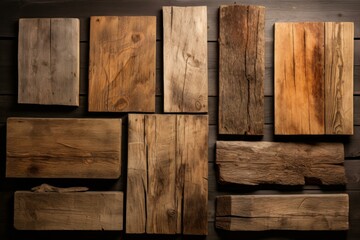 Top view of assorted rustic wooden planks background with vintage texture and dark, natural, rough, grunge, and reclaimed surface for carpentry, lumber, diy design, and construction projects