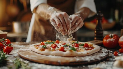 Chef preparing pizza, kneading dough, adding ingredients, and making special sauces. Authentic...