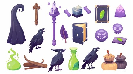 Obraz premium Modern set of witch and wizard cartoon game assets - magic wand and broom, green fog and black raven, open fantasy book. Halloween decoration.