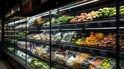 Close-up view of a supermarket showcase, highlighting a well-organized selection of fresh produce and packaged goods, perfectly lit for advertising