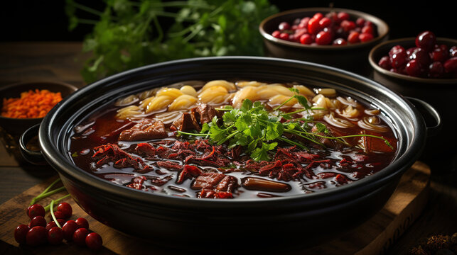 A Traditional Bowl With Delicious Chinese Soup With Red Dates on Blurry Dark Background