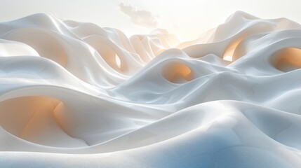 Surreal snowy landscape with glowing warm light and abstract hills
