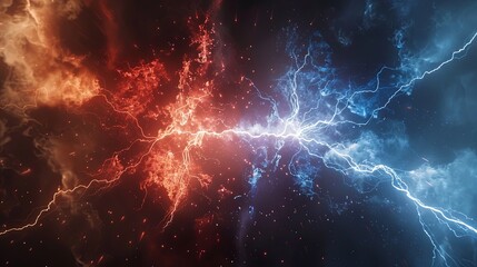 Fototapeta premium A split scene showing the clash of red and blue lightning, symbolizing.