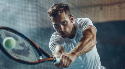 White man practicing squash sport, person is focused and enjoying the sport, sports photography, generative ai