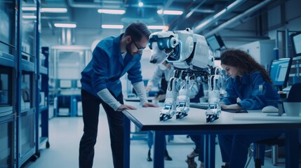 Obraz premium In an industrial robotics factory, colleagues experiment with a prototype robot dog. A computer program is being used before testing.
