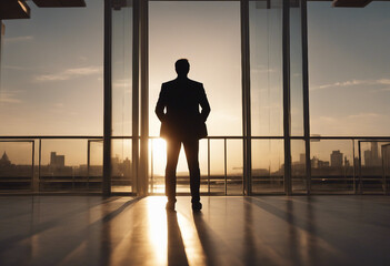 Fototapeta premium silhouette of businessman watching the sunset with his hands in his pockets on the terrace of the building 