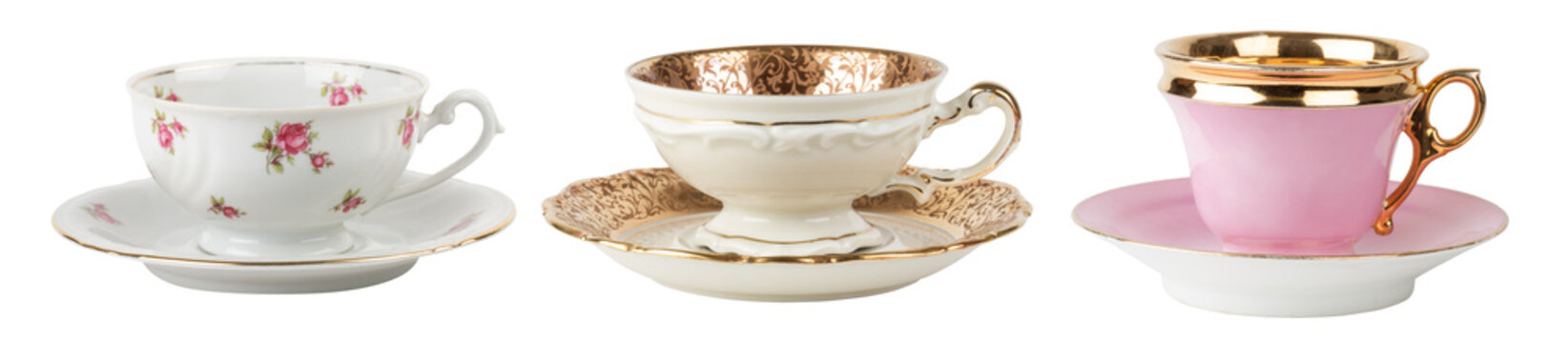 drink me! - set of three fancy old-fashioned tea or coffee cups isolated over a transparent background, white with rose pattern, golden and pink with gold border, cut out beverage design elements, PNG