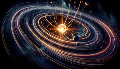 This image features a radiant sun with planets orbiting through dynamic, swirling trails, set against a dark cosmic background.