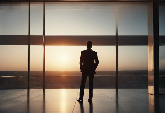 silhouette of businessman watching the sunset with his hands in his pockets on the terrace of the building
