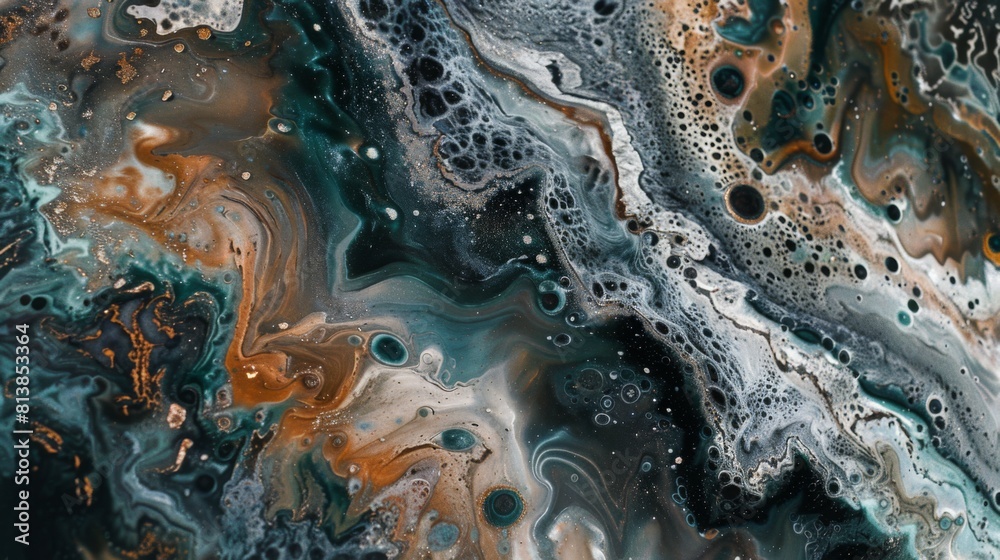 Poster swirling patterns of black, teal, and bronze create a mesmerizing marbled effect.