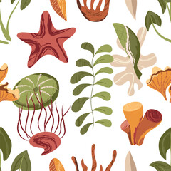 Sea plants, seaweed, leaves, starfish, flowers, sea. Seamless pattern for prints. Vector illustration in flat modern style.