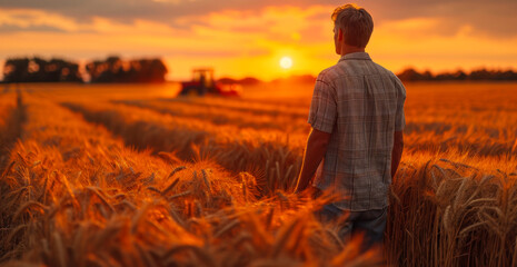 Farmer standing in wheat field looking at his tractor at sunset.