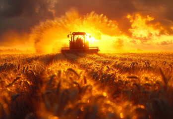 Fototapeta premium Combine harvester working in wheat field at sunset