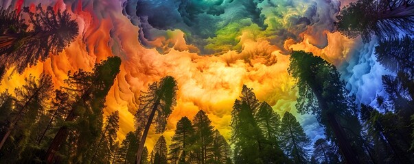 Vibrant Redwood Forest under Dazzling Rainbow Sky Panorama