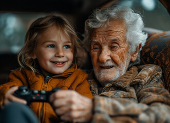 Fototapeta premium Grandfather and granddaughter playing video game in the car