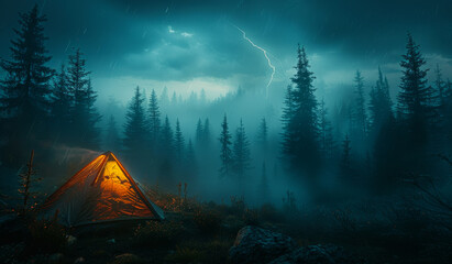 Glowing tent sits in dark forest as lightning storm approaches